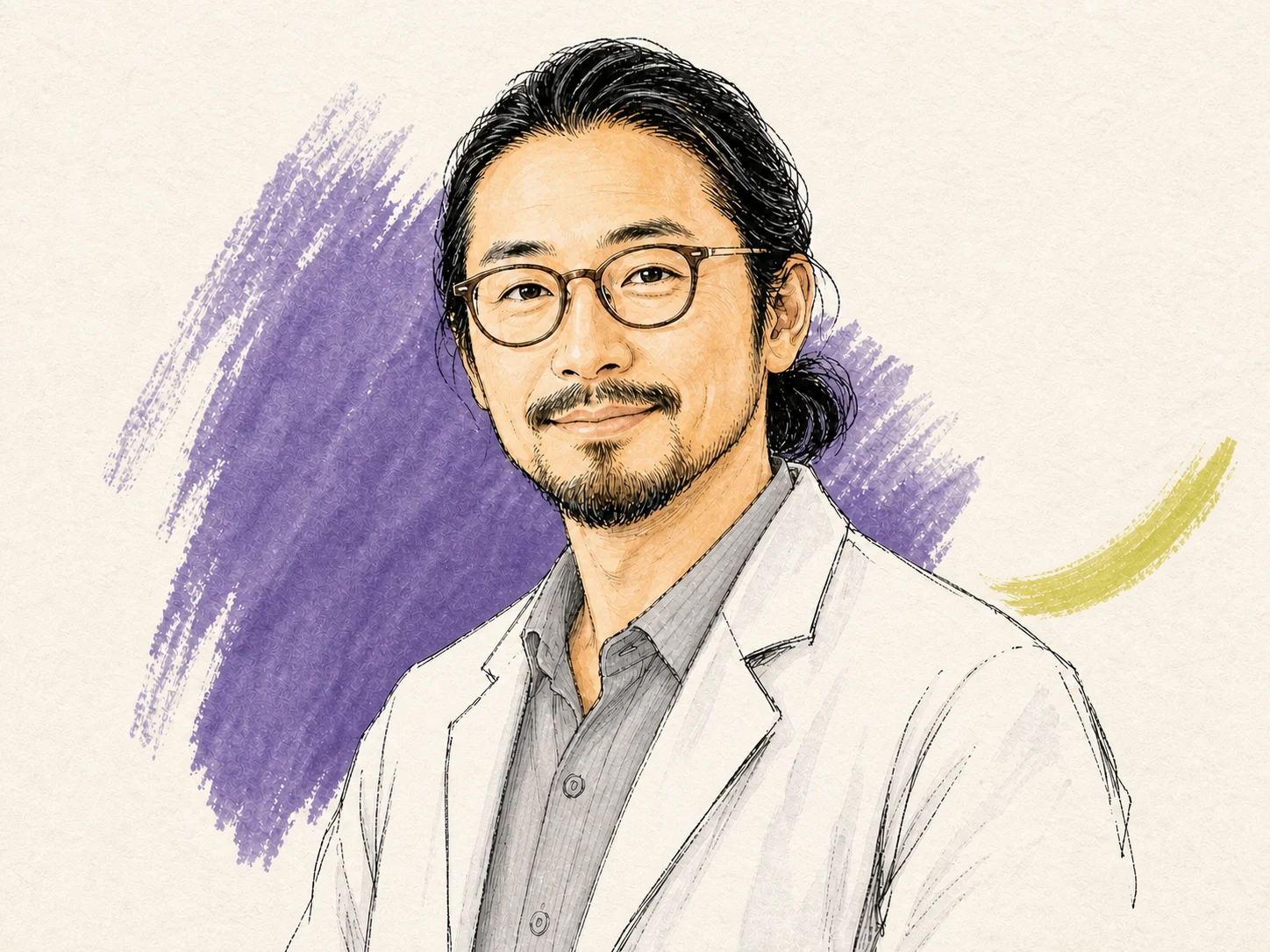 眼鏡をかけ、ひげを生やし、髪を結んだ運営責任者・影山正志の水彩イラスト
