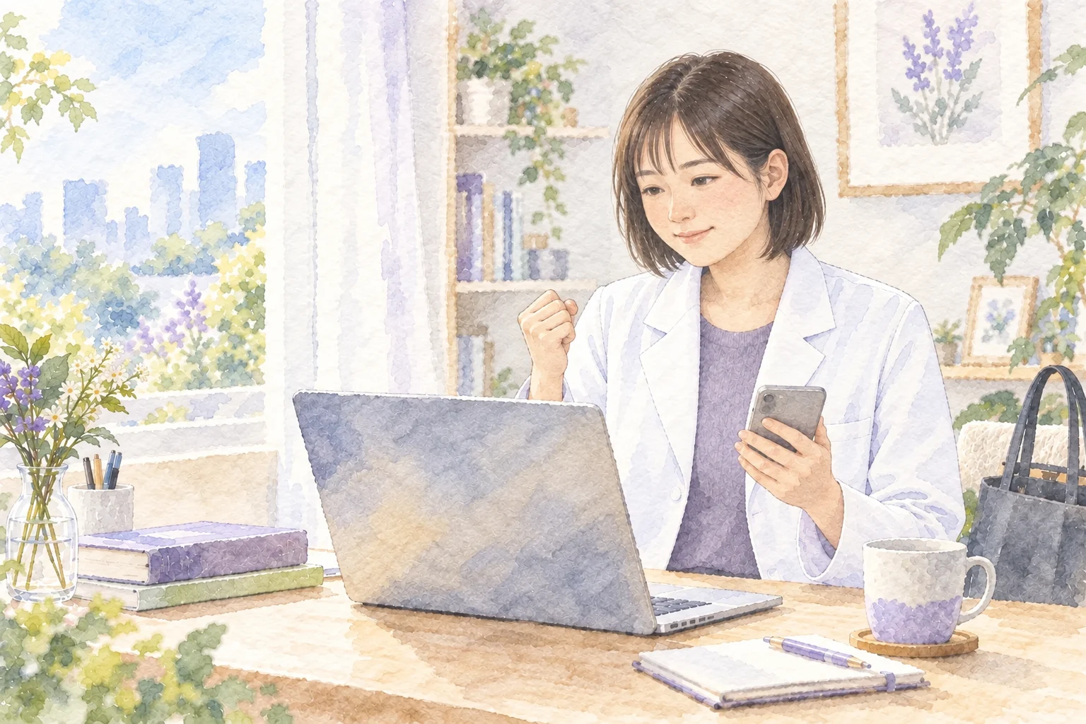 自宅の仕事机でスマートフォンとノートパソコンを確認する、短い髪と自然な装いの女性薬剤師の水彩イラスト