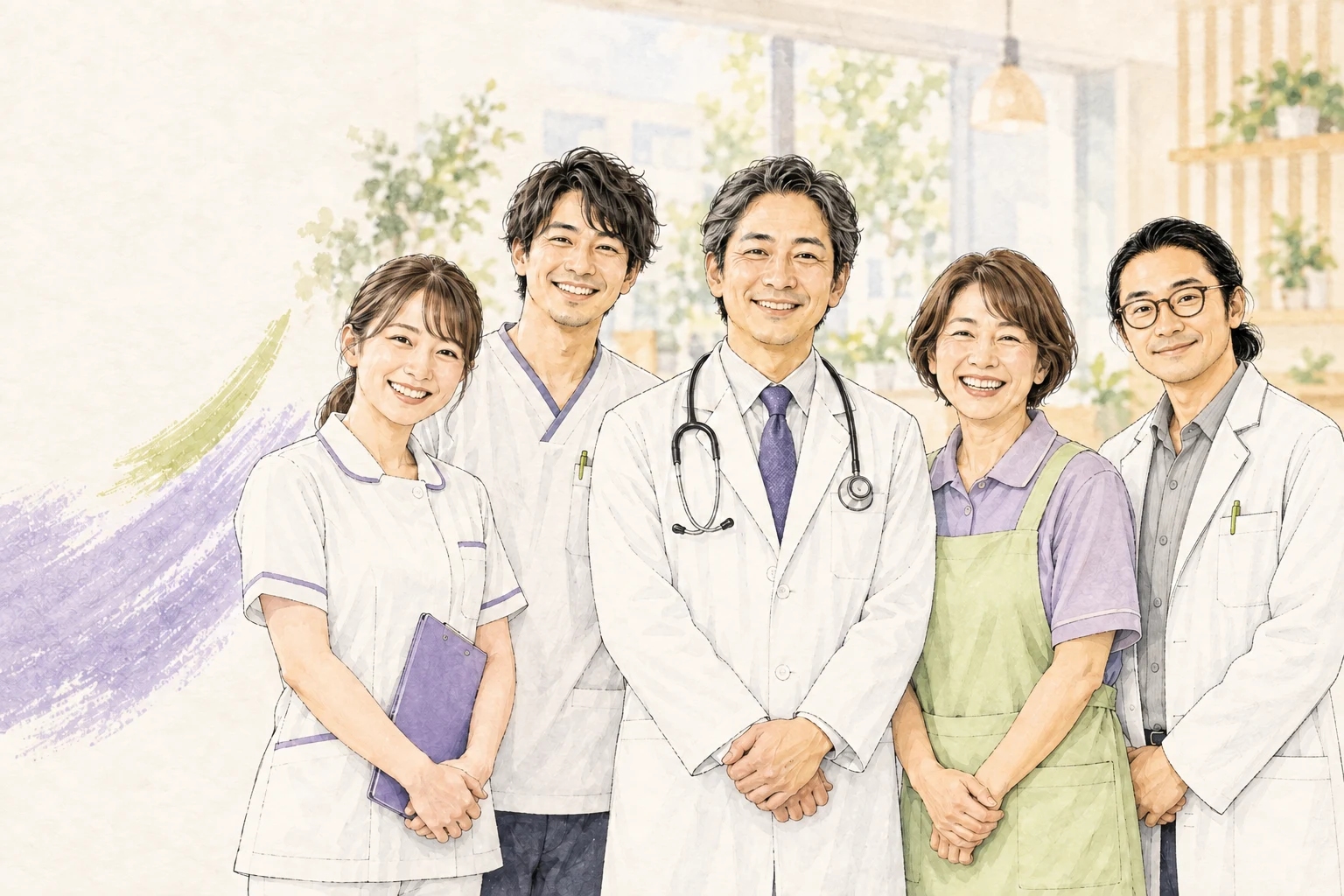 医師、看護師、理学療法士、薬剤師、介護職員が笑顔で並ぶ医療・介護チームの水彩イラスト