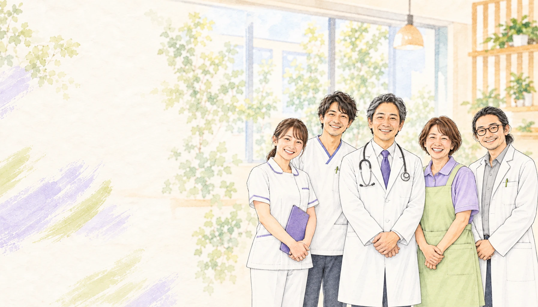 医療・介護の現場ではたらく5人の水彩イラスト